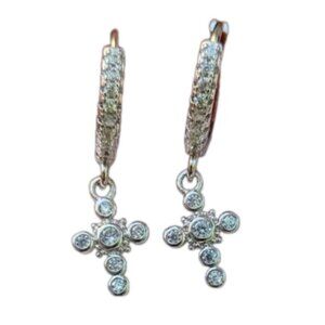 Gorgeous Silver Tone Huggie Sparkle Cz Crystal Cross  Dangle Drop Earrings